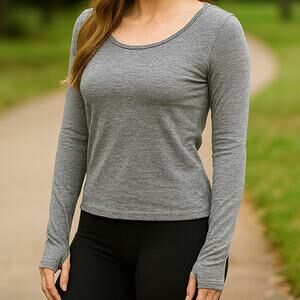 ZOBHA Sunny Long Sleeve Stretch Workout Tee Heather Gray Size L Thumbhole Cuffs